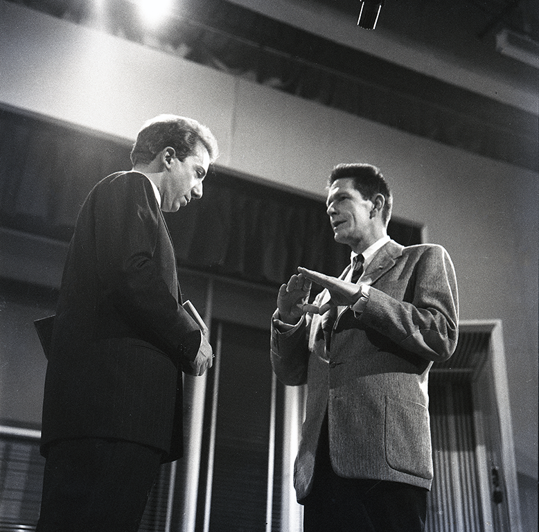 John Cage in the studio with Mike Bongiorno a Lascia o Raddoppia? (#4), January 29, 1959 (Archivio Publifoto Intesa Sanpaolo)