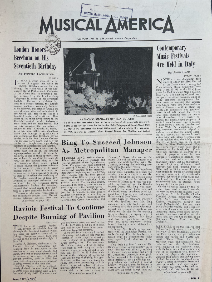 il numero del giugno 1949 della rivista Musical America contenente l'articolo di John Cage