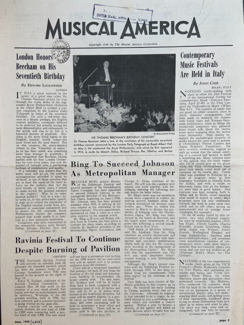 il numero del giugno 1949 della rivista Musical America contenente l'articolo di John Cage il numero del giugno 1949 della rivista Musical America contenente l'articolo di John Cage